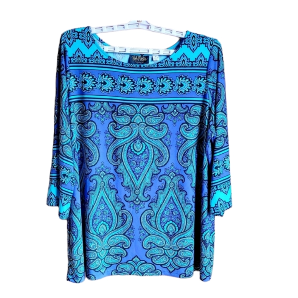 Bob Mackie Wearable Art Blue Multi Exotic Paisley Pullover Size 1X